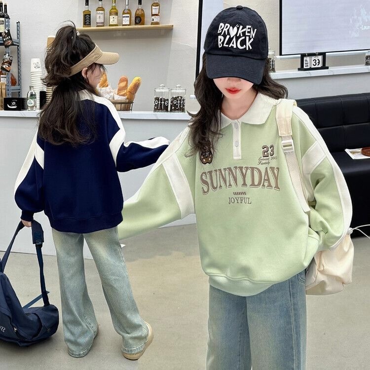 女孩秋季POLO领上衣潮中大童拼色运动风春季新款翻领洋气时尚卫衣|undefined