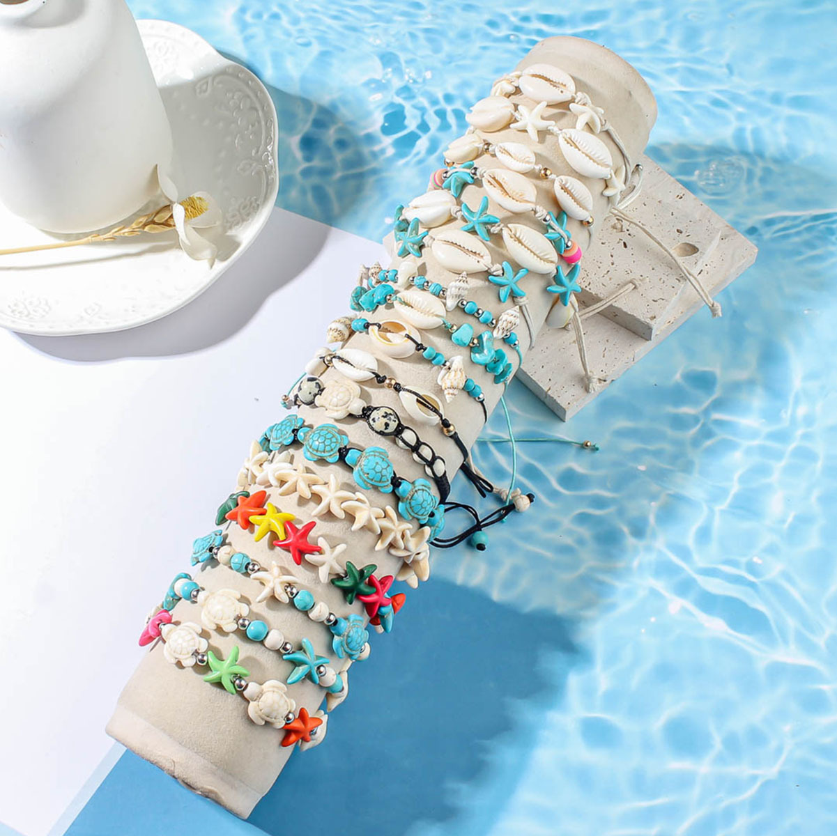 8g Weight Hawaiian Marine Style Starfish Shell Turquoise Rope Shell Beaded Chain Stretch Adjustable Beaded Bracelets Wholesale