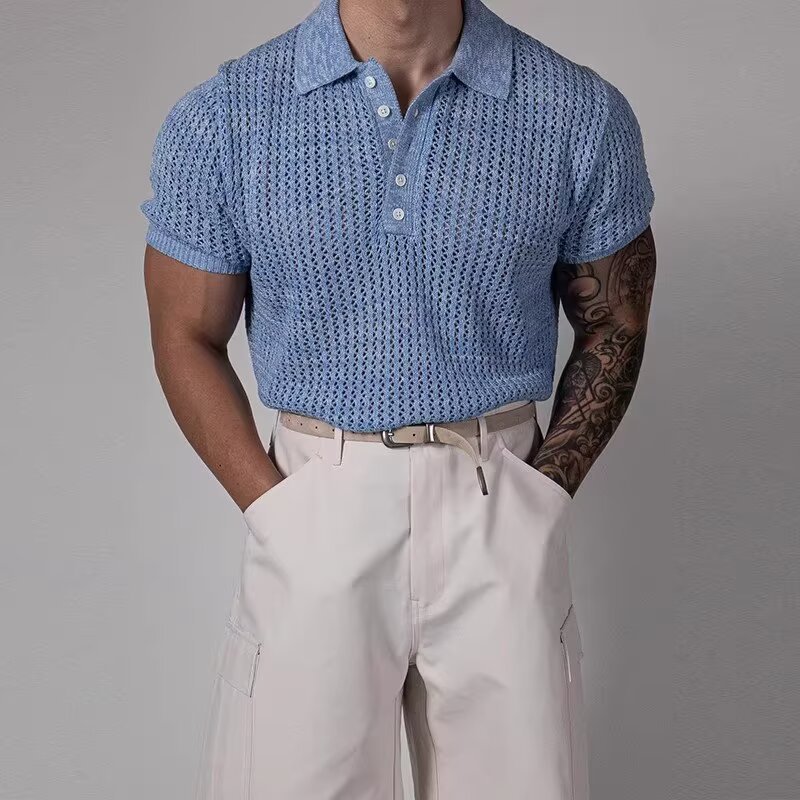 Polo camiseta de punto camiseta de manga corta camiseta de hombre solapa hueco textural viejo dinero viento hielo seda fábrica transfronteriza al por mayor