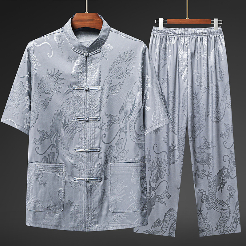 Ice Silk Tang Suit Men's Short-Sleeved Suit Summer Middle-Aged and Elderly Dad's Summer Clothing Chinese Style Grandpa Shirt Ice Silk Tang Suit Men's Short-Sleeved Suit Summer Middle-Aged and Elderly Dad's Summer Clothing Chinese Style Grandpa Shirt