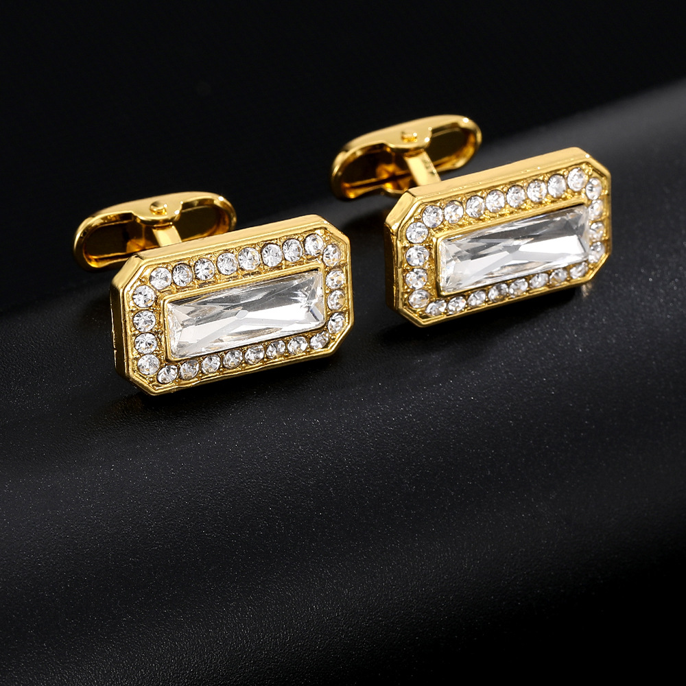 fashion gold rectangular zircon full diamond crystal cufflinks men's French shirt cuff nails new products in stock_voghion.com