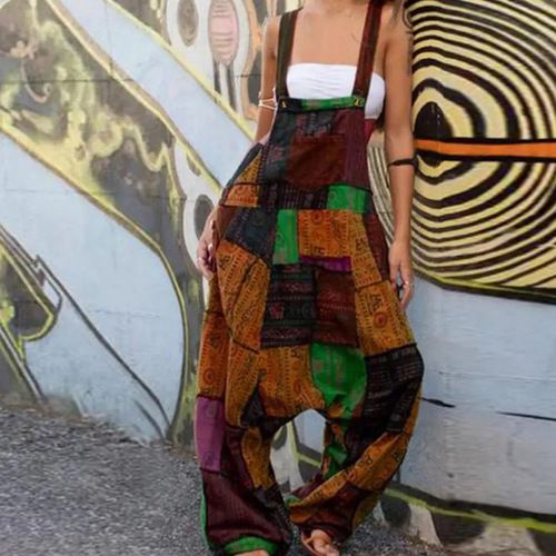 Women's Bohemian Patchwork Ethnic Print Sleeveless Loose Hemaran Pocket Onesie