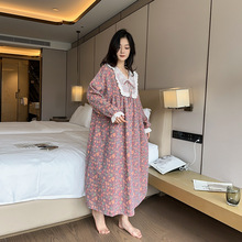 秋冬新款女士睡裙大码蕾丝花边加大加肥过膝长袖家居服可外穿气质