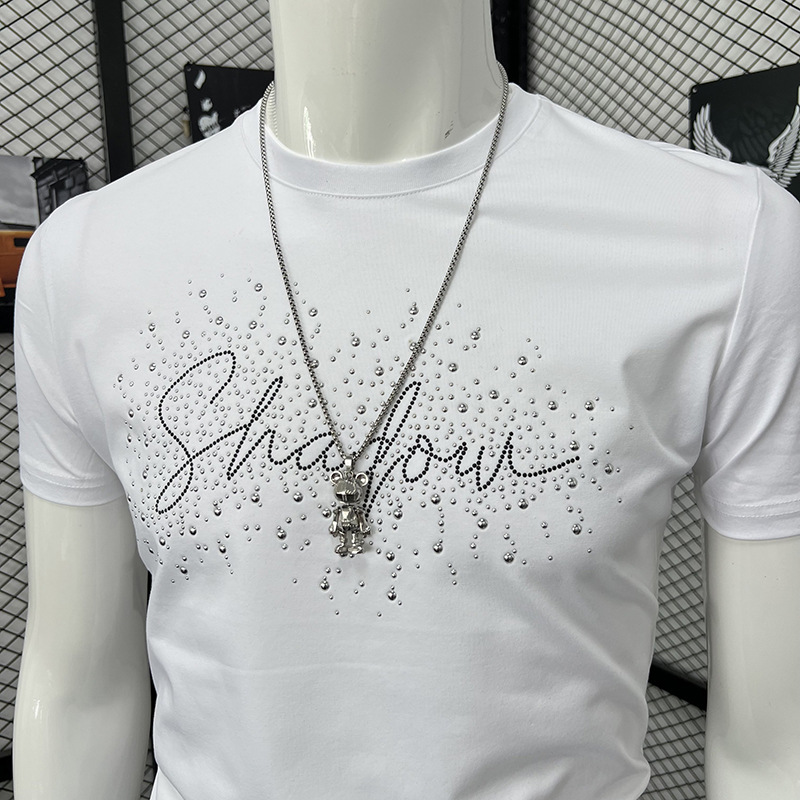 Men's Slim Fit Short Sleeve T-Shirt Heavy Duty Rhinestone And Letter Crew Neck Fashion Top New Arrival Summer_viptrois.com