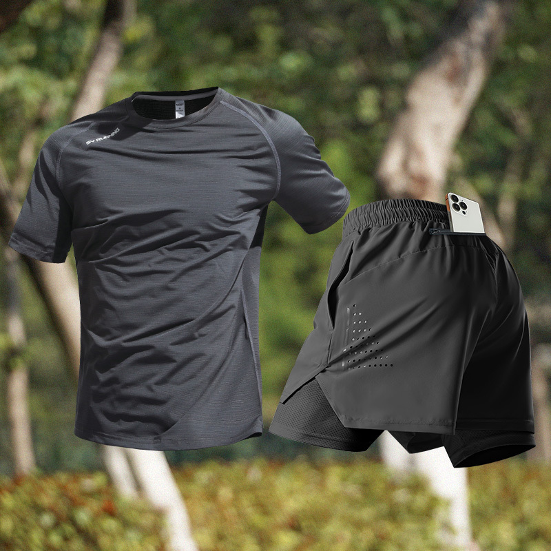 スポーツスーツメンズアイスシルクTシャツ夏薄手速乾半袖トレーニングランニング用品フィットネス服新しいスタイル|undefined