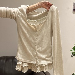 杏色开衫蕾丝波点荷叶边长袖背心吊带女内搭2025早秋新款两件套装