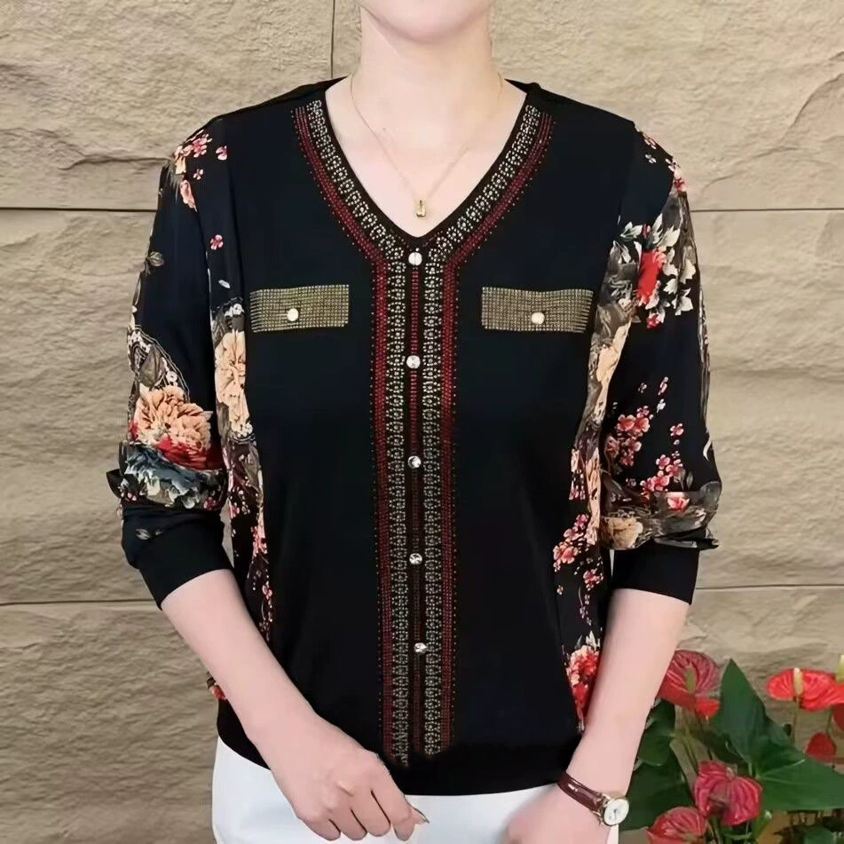 Осень 2025, новый стильный воротник в стиле пэчворк, универсальный наряд для мам со стразами, утягивающий топ с длинными рукавами, базовая рубашка.