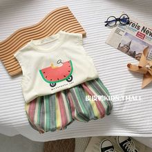 儿童夏季背心套装男童薄款卡通西瓜无袖上衣宝宝好搭条纹七分裤潮