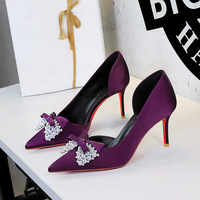 9267-AH165 European and American style banquet pearl embellishment bow pointed women's shoes side empty slim heels high heels single shoes for women