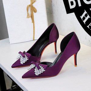 9267-AH165 European and American style banquet pearl embellishment bow pointed women's shoes side empty slim heels