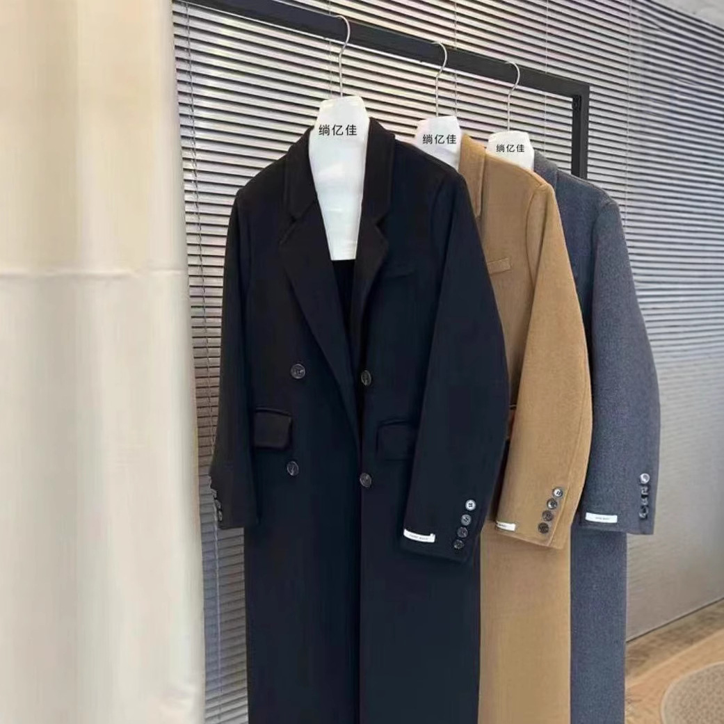 Basic Joker Double-sided Hand-stitched Cashmere Coat Coat Shoulder Coat Pocket Design Long Wool Coat for Women