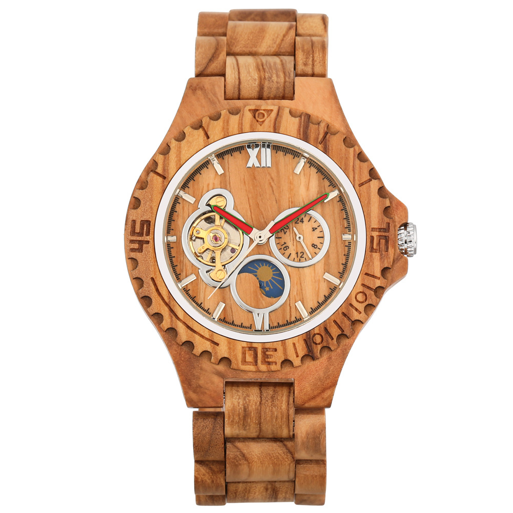 Hot-Selling New Wooden Automatic Mechanical Watch, Zebra Wood With Red Sandalwood, Hollowed-Out Design Featuring Sun,_voghion.com
