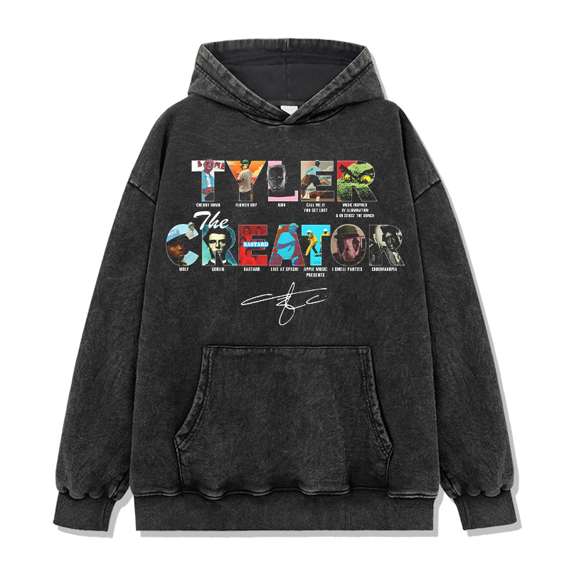 Cross-border hip-hop Tyler the Creator printed wash round neck long sleeve loose hooded sweatshirt for men