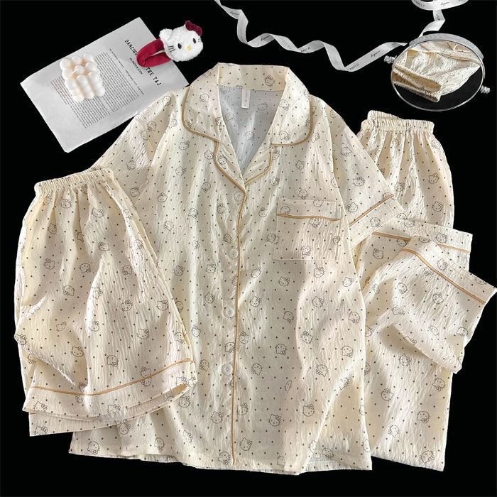 Verano transfronterizo nuevo estilo cómodo nube de algodón de tres piezas solapa pantalones cortos de manga corta pantalones ropa a domicilio traje de pijama de mujer