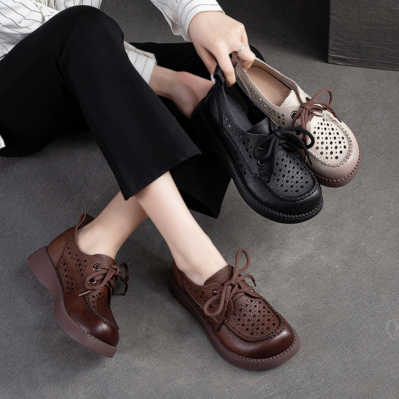 Shanghai Jieju Summer New Breathable Hole Shoes Front Lace-up Retro Top Layer Cowhide Color Sandals Comfortable Women's Shoes