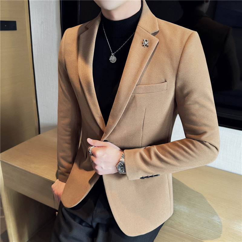 2024 Autumn and Winter New Men's Thickened Dark Pinstripe Suit Jacket Slim-fit Woolen Suit Top Men's Wear 2024 Autumn and Winter New Men's Thickened Dark Pinstripe Suit Jacket Slim-fit Woolen Suit Top Men's Wear