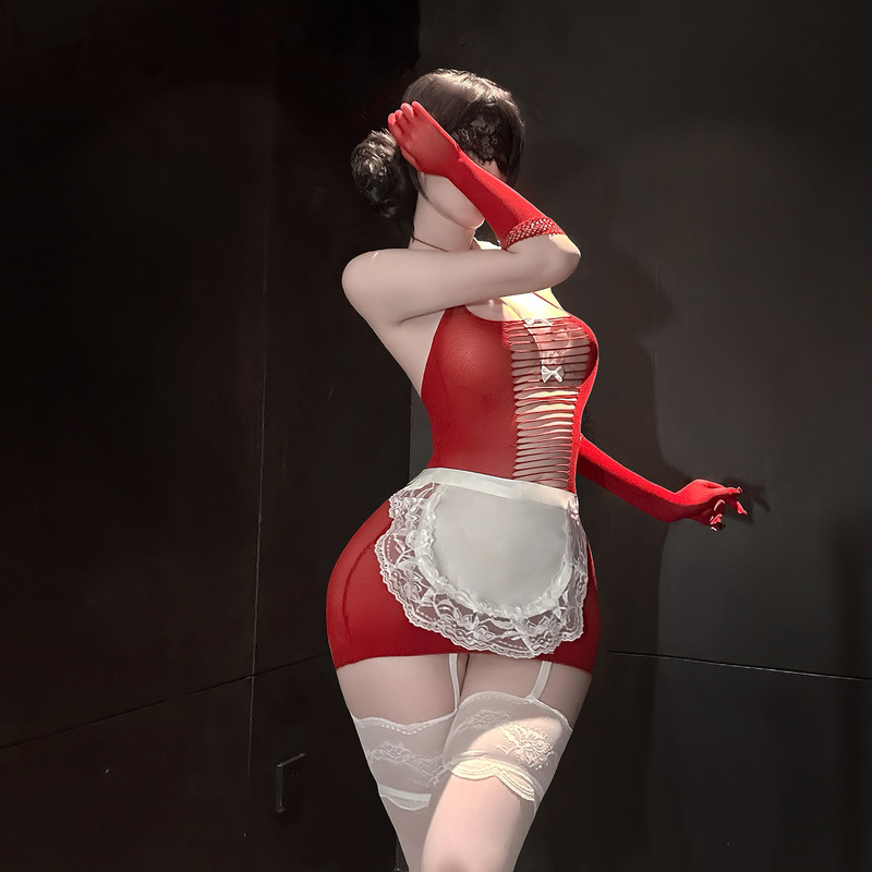 Chaomu Sexy Lingerie, Sexy Tear-Off High-Elastic Slim-Fitting Mesh Clothing, Pure Desire Backless European and American Style Maid Jumpsuit