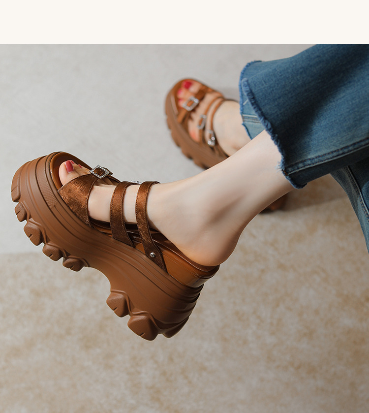 Sandal cao gót nữ đế xuồng 12cm da bò nguyên chất quai ngang — Màu đen, Màu trắng be, Màu hạnh nhân đậm chi tiết 14