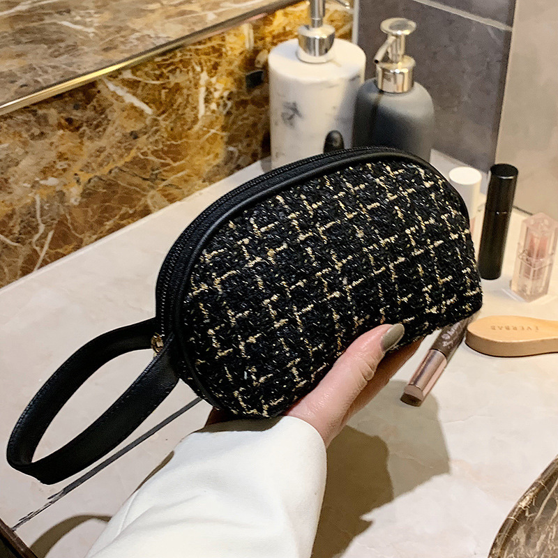 Estilo coreano Denim Chanel estilo de mano bolsa de cosméticos de alto aspecto tejido tablero de gran capacidad lápiz labial bolsa de almacenamiento al por mayor