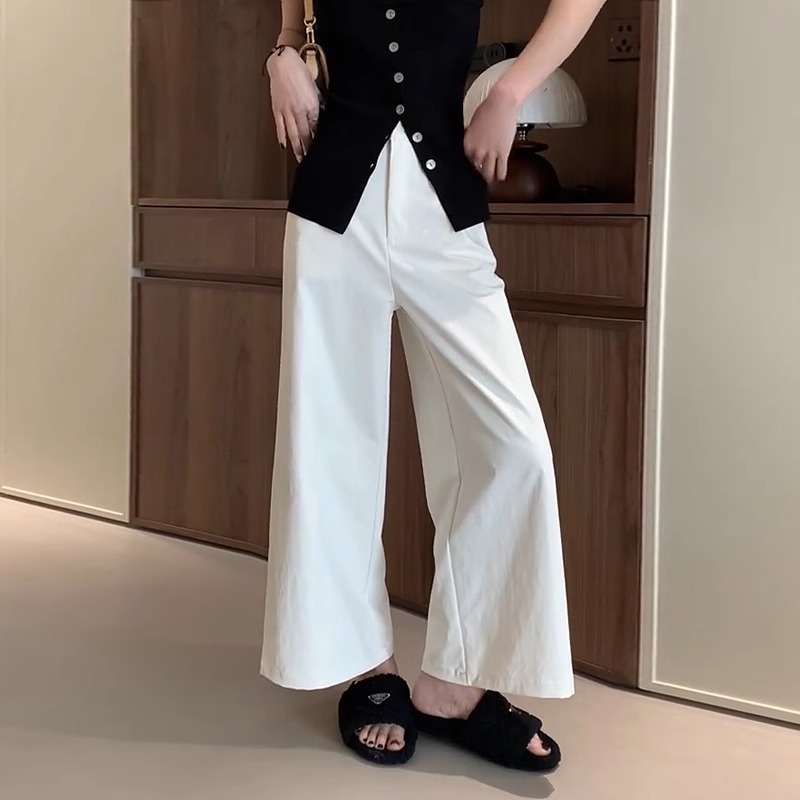 Pantalones anchos de nueve puntos blancos, modelos de primavera y verano para mujer, pantalones de pierna recta casuales de gran tamaño sueltos de cintura alta y holgados de todo fósforo con sentido de la moda