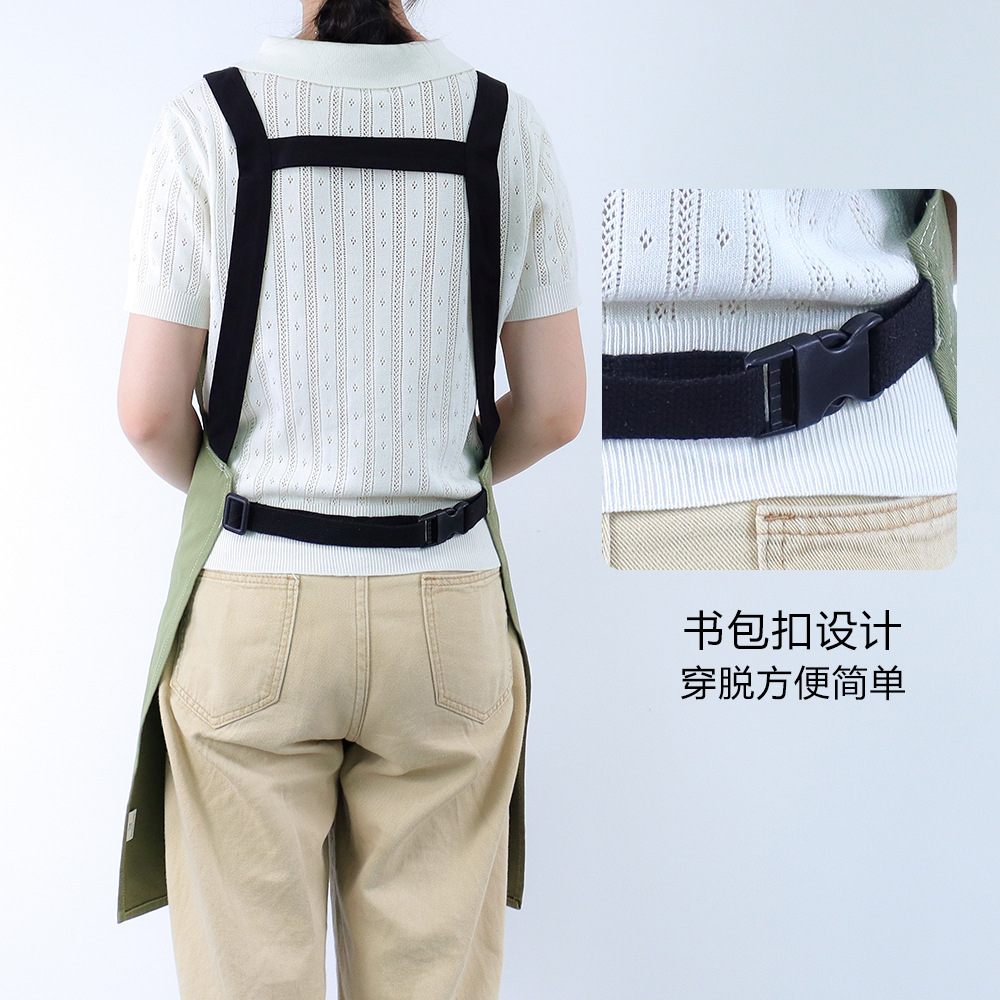 Delantal de algodón transfronterizo personalizado logotipo de botón de bolsillo diagonal correa ajustable camarero ropa de trabajo delantal doméstico