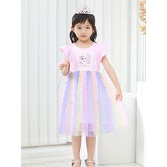 2024新款春夏冰雪奇緣愛莎圓領裙子女童連衣裙休閒洋氣新疆棉短袖