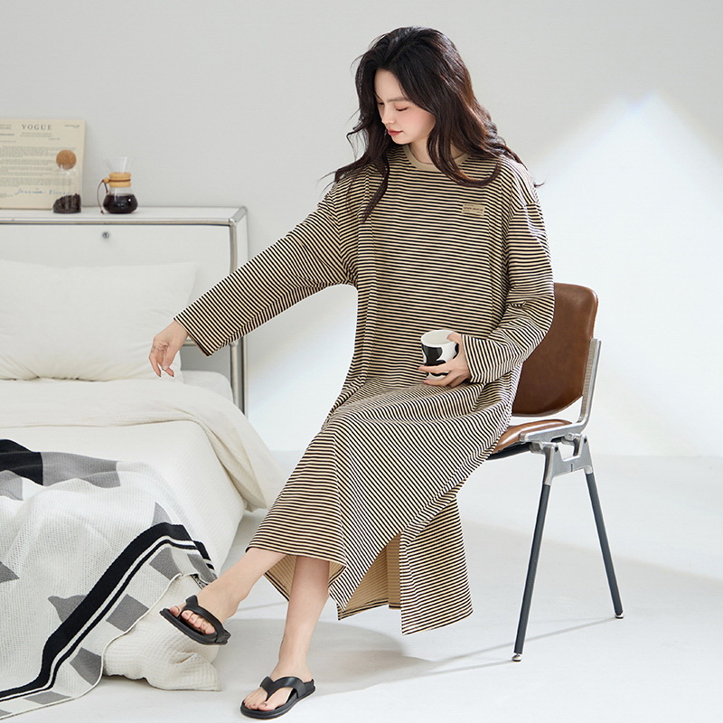 Pijama de primavera y otoño de algodón, pijama de mangas largas, ropa de hogar suelta, rayas de tamaño grande, ocio, se puede usar fuera.