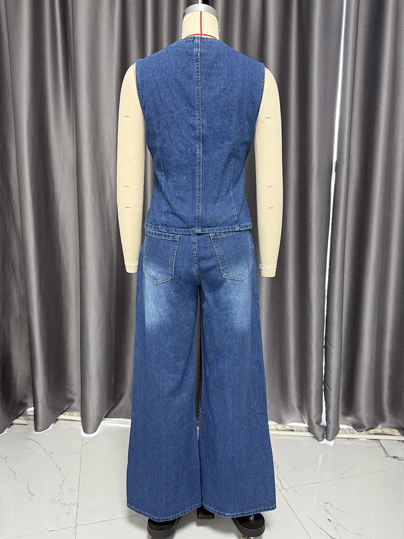 Conjunto de chaleco vaquero y pantalones anchos para mujer_voghion.com