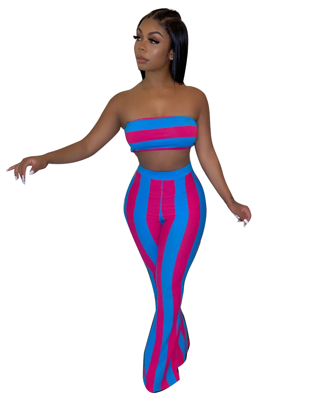 Damen Bandeau Oberteil Und Schlaghose Im Streifenlook Set_voghion.com