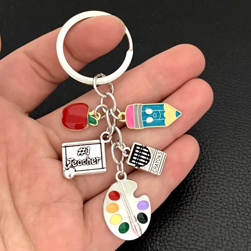 Oil Dripping Pencil Red Apple Drawing Board Keychain for Teachers and Classmates Keychain Graduation Season Keychain