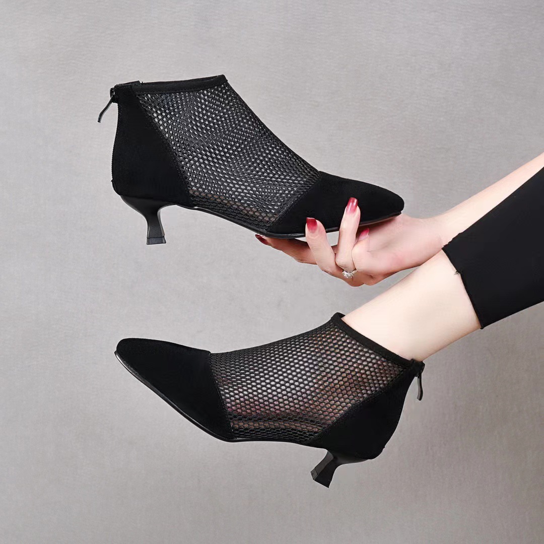 Sandal nữ da thật mũi nhọn gót thấp kiểu La Mã khoét lỗ thoáng khí — đen chi tiết 5