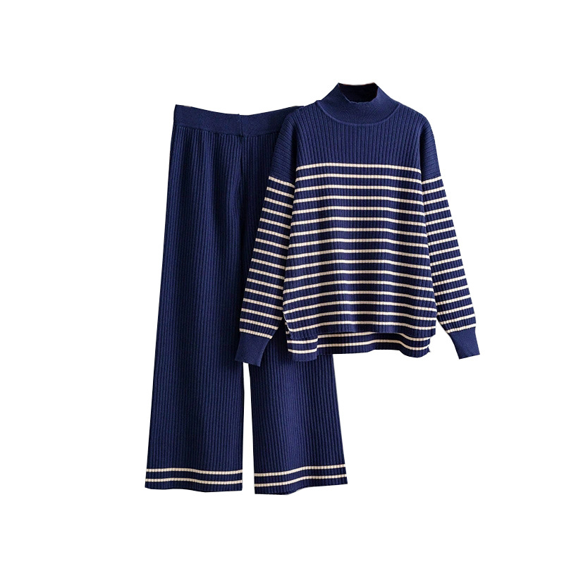 Ženska oblačila za jesen in zimo, novi črtasti pulover z dolgimi rokavi in razporki, pleteni pulover s širokimi hlačnicami, dvodelni komplet_voghion.com