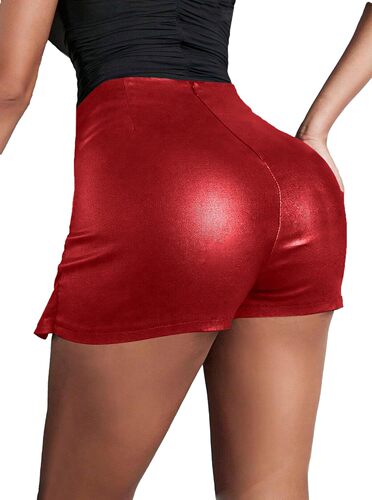 Spring and summer European and American women's low-waist anti-exposure PU leather-wrapped hip sexy shorts, solid color split slim shorts