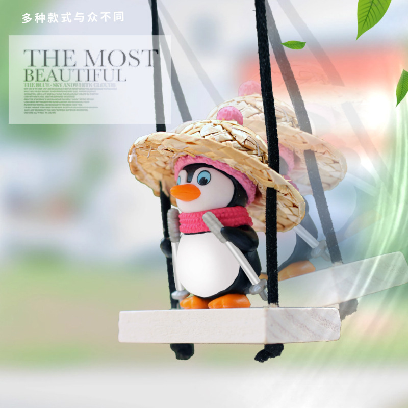 Colgantes para automóviles, accesorios colgantes para automóviles, swing, sombrero de paja, pingüino, espejo retrovisor creativo, colgantes, productos para el interior del automóvil