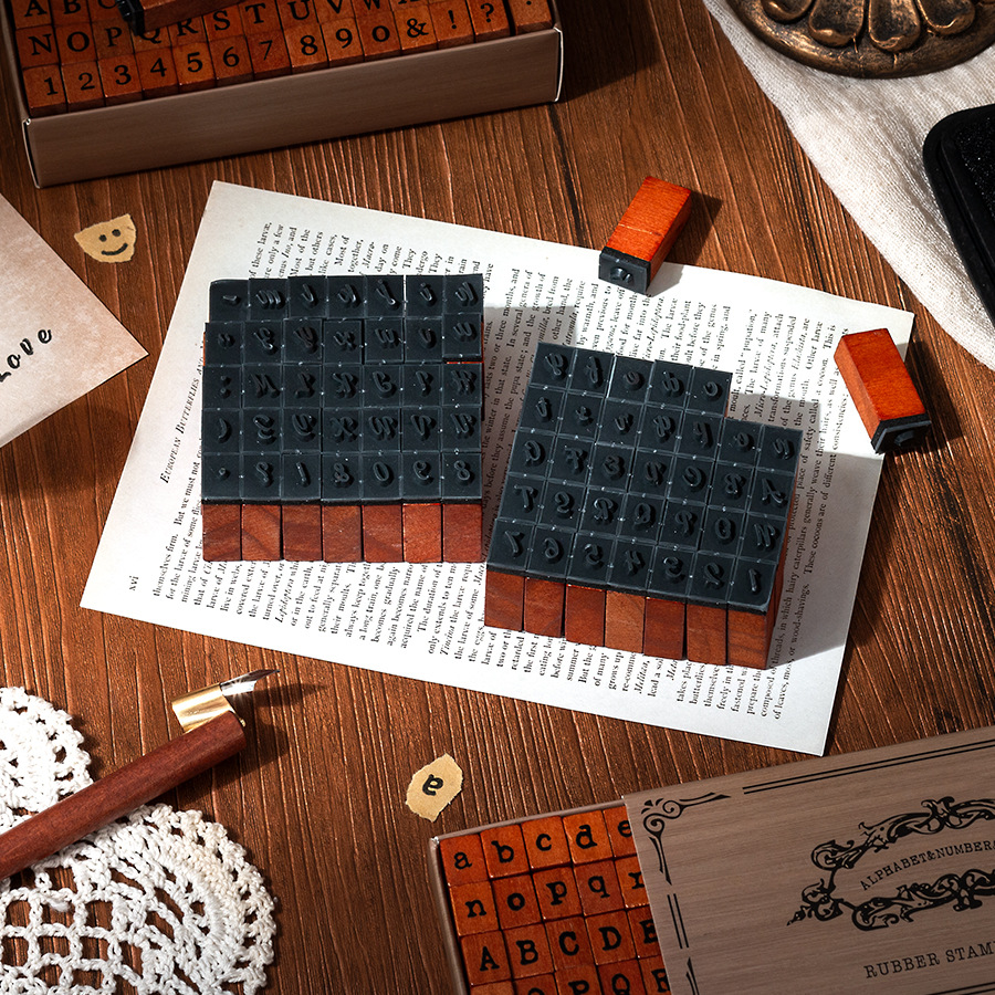 Diez sellos de madera 70 sellos de madera retrógrada caja de sellado transfronterizo letras y minúsculas signos alfanuméricos sello