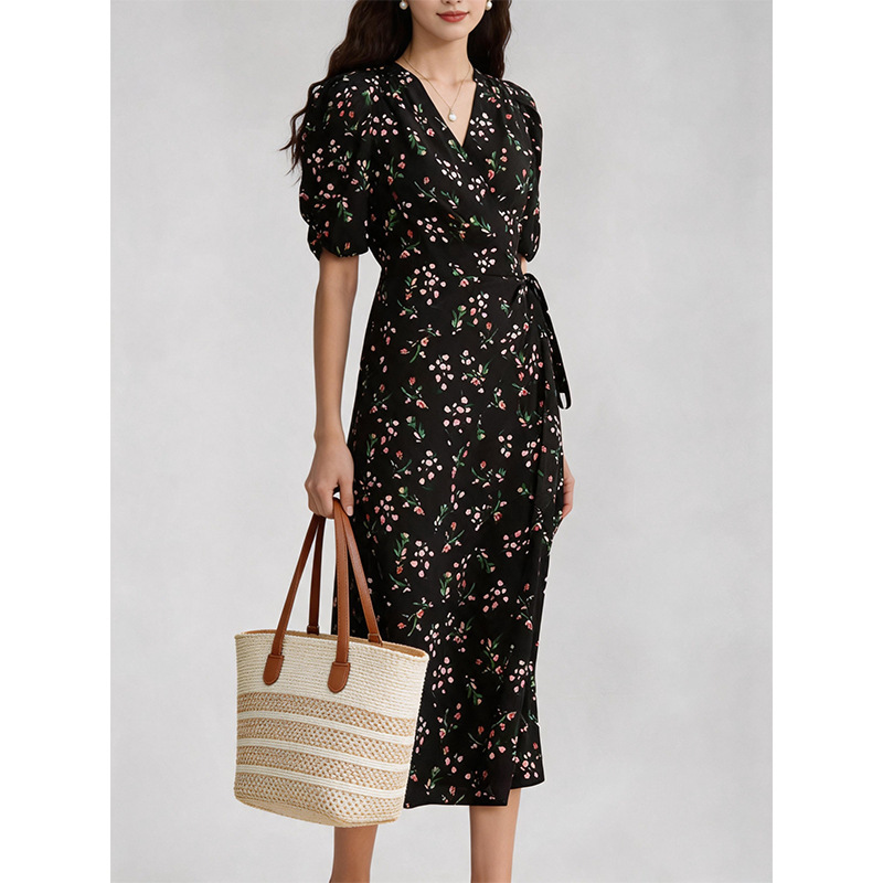 Black Dress for Women 2026 New Style Silk Mulberry Silk Women's Clothing Waist-Cinching Slimming Texture Summer Floral Dress