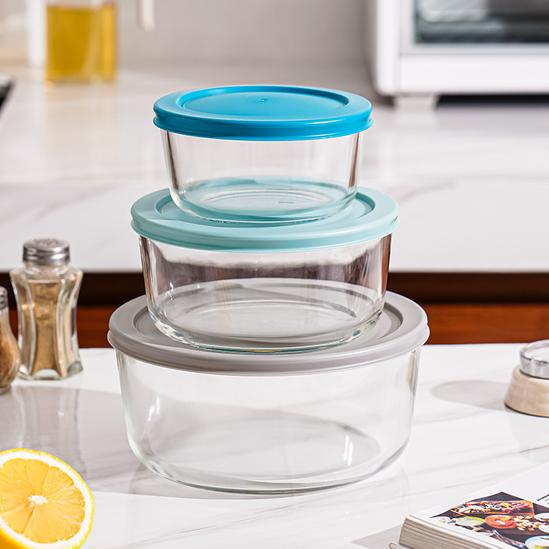 玻璃耐高温保鲜碗微波炉圆形玻璃碗PE盖简易保鲜盒家用碗套装圆碗