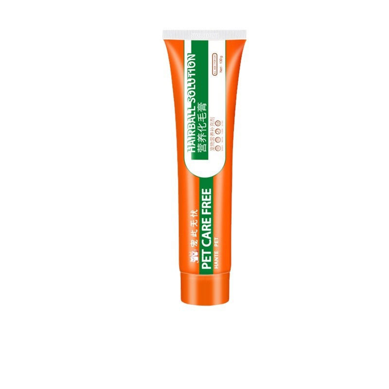 Perro rojo, gatito escupiendo bolas de pelo, crema nutritiva para gatos y perros
