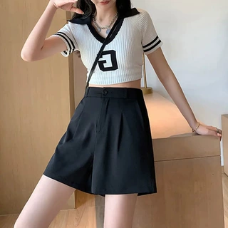 高腰阔腿短裤女秋季宽松显瘦韩版潮流百搭黑色大码小个子休闲短裤
