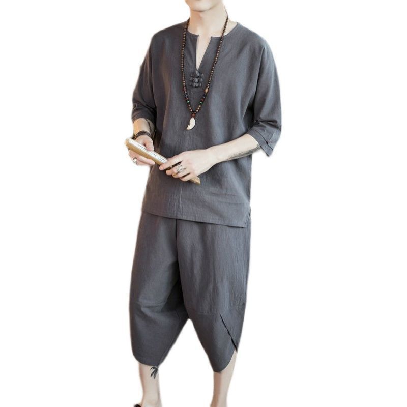 Camiseta de manga corta de lino traje de hombre estilo chino cuello en v media manga camiseta estilo étnico algodón y lino traje Tang Hanfu algodón y lino lino lino