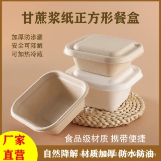 一次性甘蔗浆耐高温带盖方形蛋糕甜品水果野餐盒可降解外卖打包盒