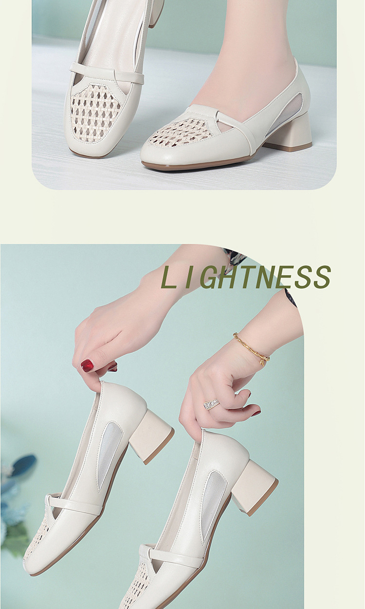 Giày sandal nữ da thật đan lưới gót thấp mũi nhọn thoáng khí — màu be chi tiết 13