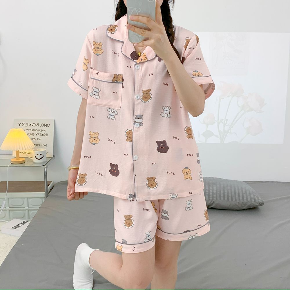 Pantalones cortos de manga corta al por mayor transfronterizos, rebeca, pijamas de solapa, ropa de hogar con estampado de arrugas de burbujas de verano para mujer