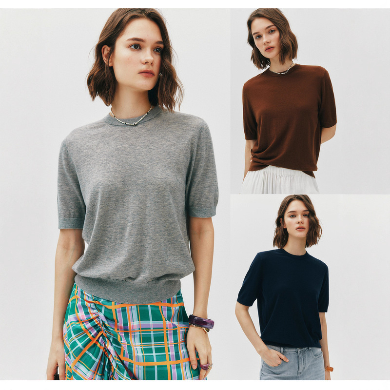 [Close Care] Mulberry Silk Cashmere Classic Casual Easiest for Match Plaid Breathable Round Neck Short Sleeve Sweater for Women