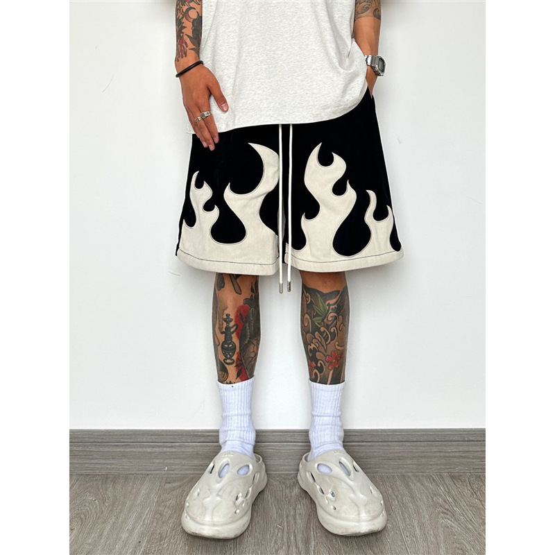 American retro flame printed shorts men's summer fashion brand high street basketball sports pants niche casual cropped pants