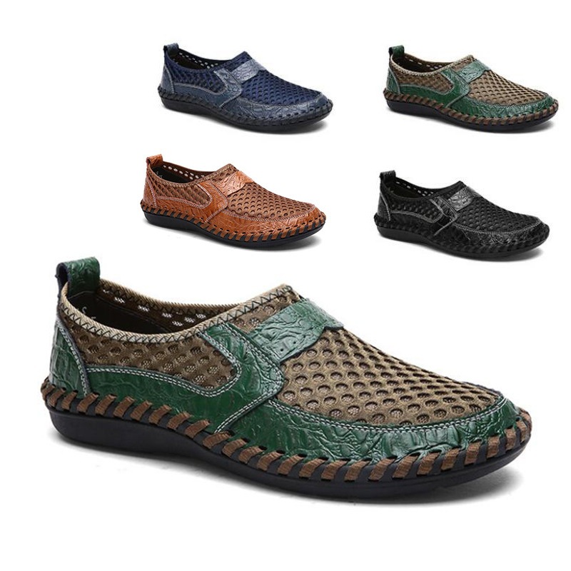 大号男鞋网面牛皮鳄鱼纹网鞋缝线男休闲鞋