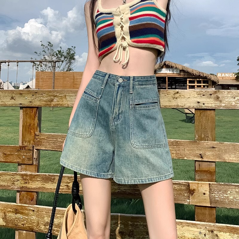 Blue Retro High-Waisted Denim Shorts for Women, 2025 Summer New Style, Loose Fit, Slimming, Thin A-Line Wide-Leg Hot Pants