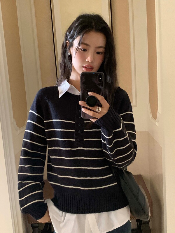 pusumede 暮色微风 条纹毛衣女秋冬圆领显瘦休闲羊毛针织衫上衣|undefined