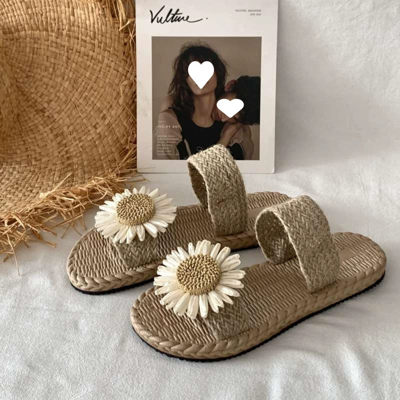 Летние пляжные тапочки ручной работы, имитация плетения, 2025, плоская подошва, цветочный дизайн, для путешествий в Шишуаньбань