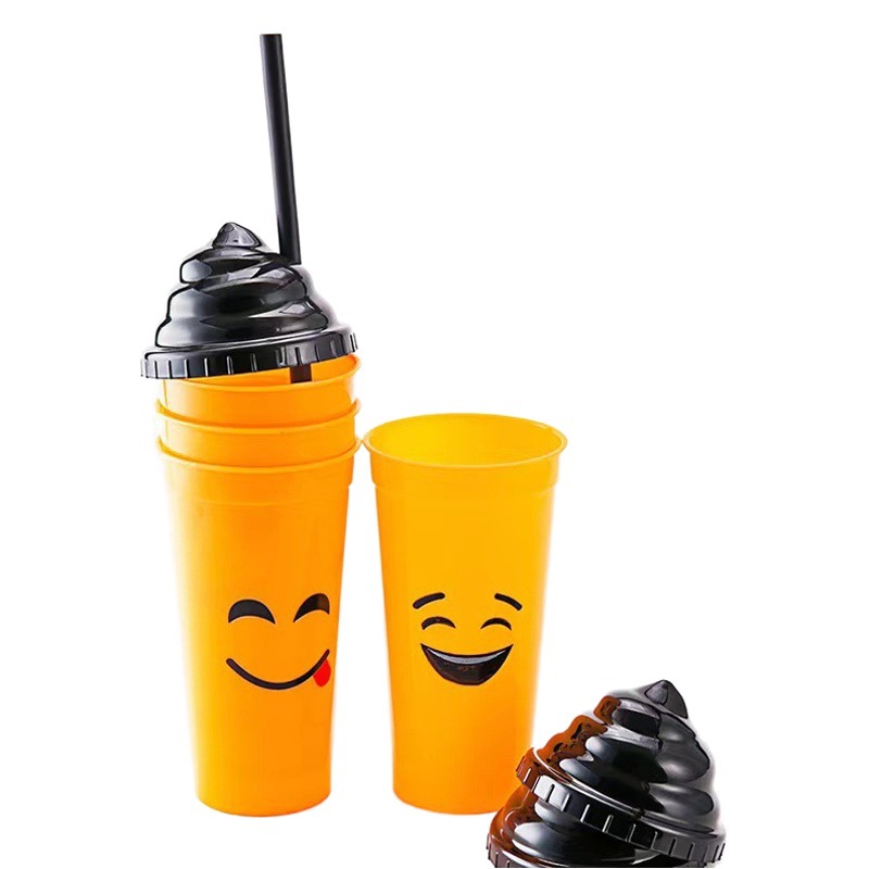Dibujos animados creativos transfronterizos linda cara sonriente en forma de helado taza de plástico recto pajita desechable bebida botella de té con leche